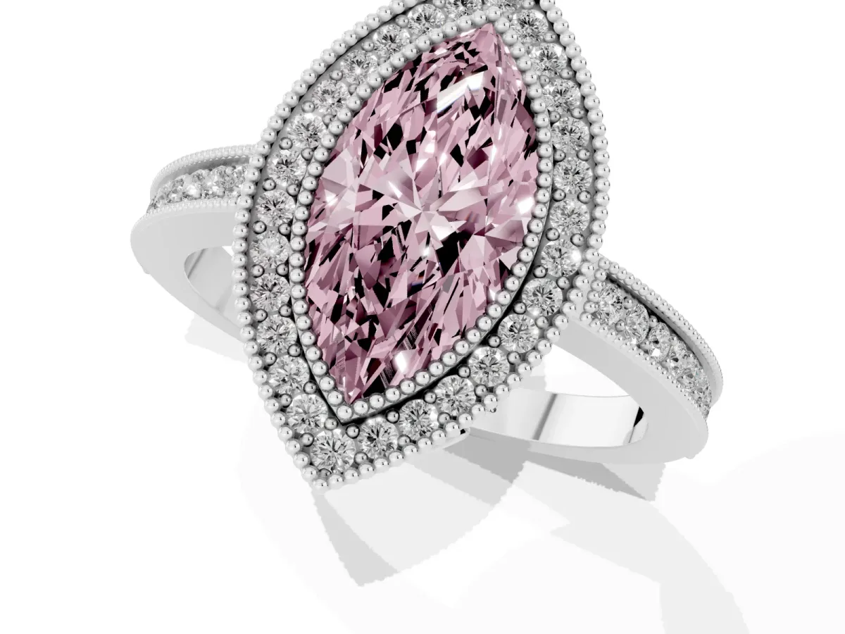 Fancy Pink Marquise Cut Cut Halo Diamond Ring with Pavé Band and Milgrain Prong Setting Silver