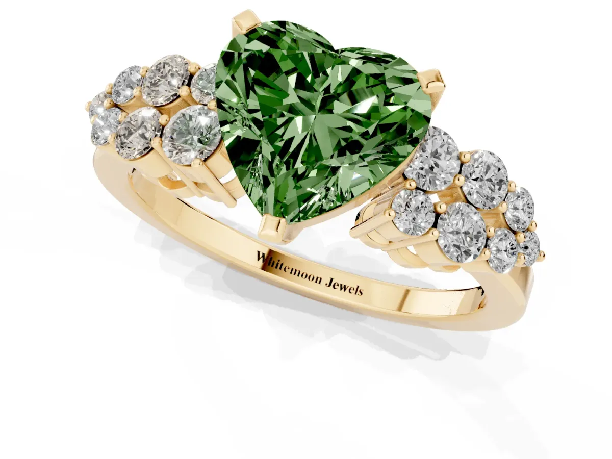 Fancy Green Heart Cut Cluster Diamond Engagement Ring with Pavé Band and Four-Prong Setting Yellow gold