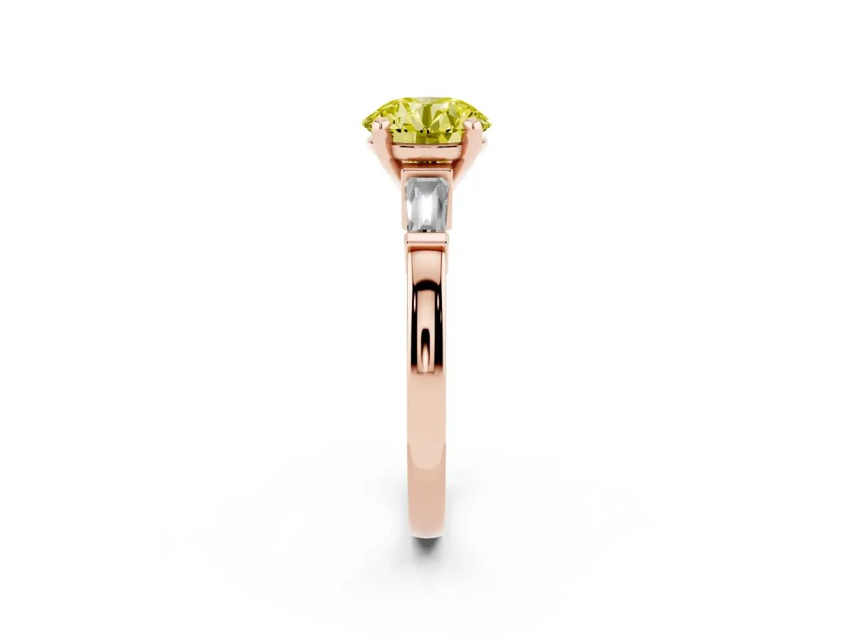 Fancy Yellow Round Cut Cut Diamond Solitaire Ring with Tapered Baguette Accents and Four-Prong Setting Rose gold