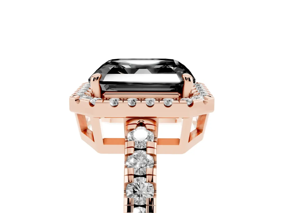 Fancy Black Asscher Cut Diamond Halo Ring with Pavé Band and Four-Prong Setting Rose gold