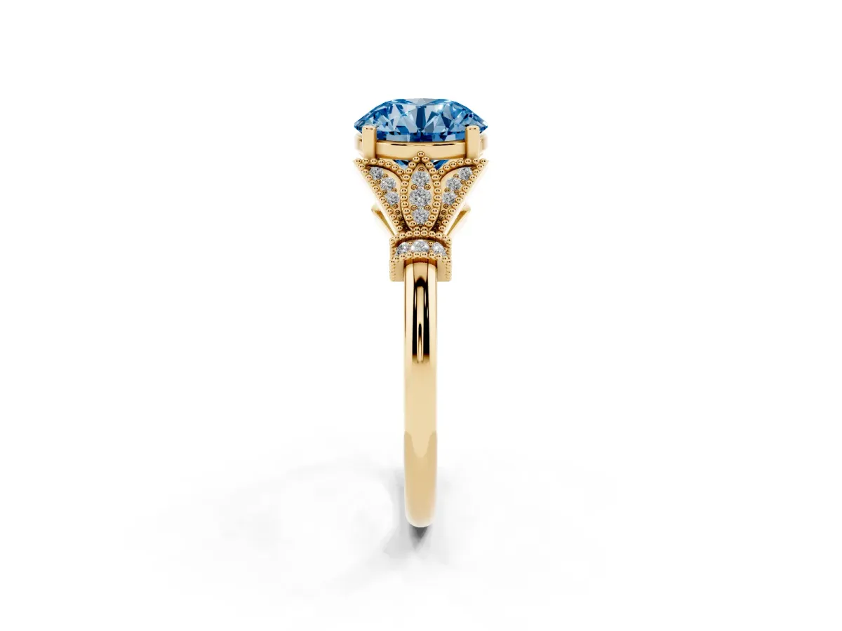 Fancy Blue Round Cut Diamond Solitaire Ring with Floral Filigree and Pave Accents Yellow gold