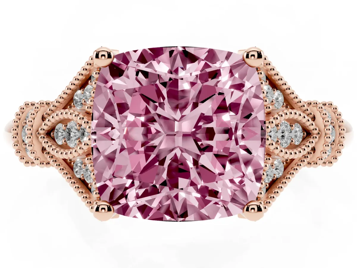 Fancy Pink Cushion Cut Diamond Solitaire Ring with Floral Filigree and Pave Accents Rose gold