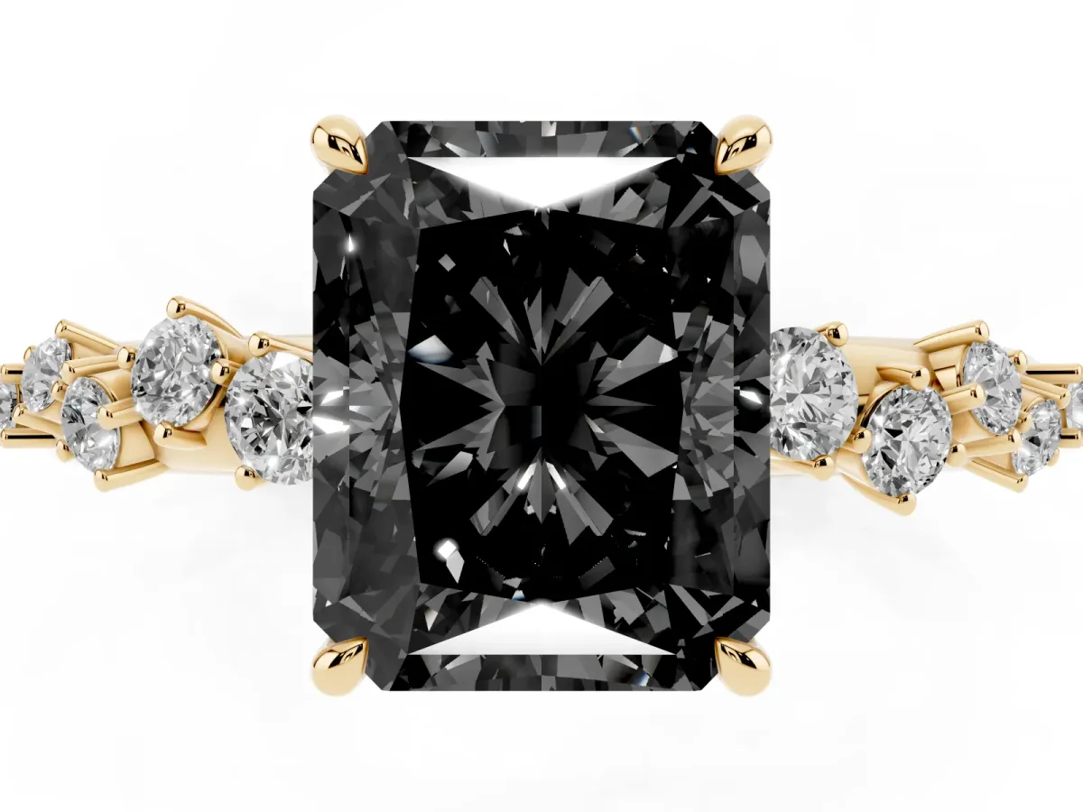 Fancy Black Radiant Cut Diamond Cluster Side Stone Solitaire Ring with Prong Setting Yellow gold
