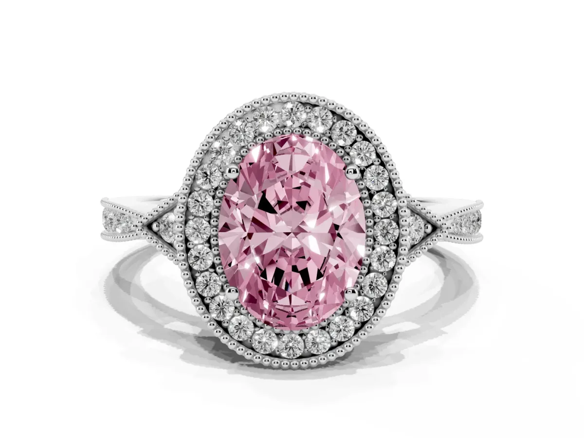 Fancy Pink Oval Cut Halo Round Diamond Milgrain Pave Engagement Ring Silver