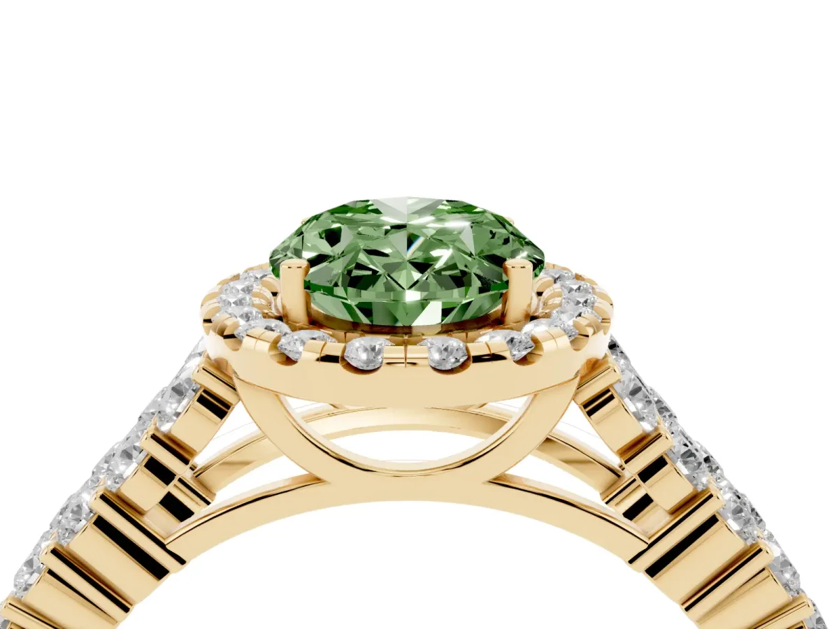 Fancy Green Oval Cut Diamond Halo Engagement Ring with Triple Row Round Pavé Band and Prong Setting Yellow gold