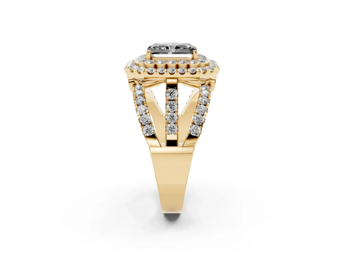 Fancy Black Radiant Cut Diamond Double Halo Ring with Round Pavé Split Shank and Prong Setting Yellow gold