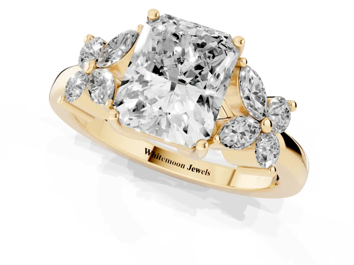 Radiant Cut Diamond Floral Cluster Ring with Solitaire Band and Prong Setting Yellow gold