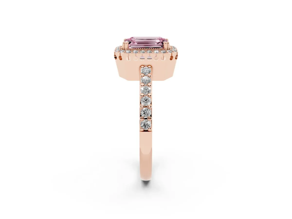 Fancy Pink Emerald Cut Cut Diamond Halo Engagement Ring with Milgrain Detail and Pavé Band Rose gold