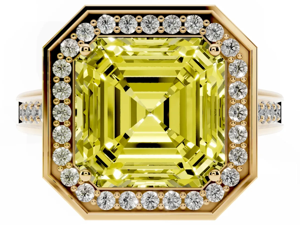Fancy Yellow Asscher Cut Halo Solitaire Diamond Ring with Pave Band and Bezel Setting Yellow gold