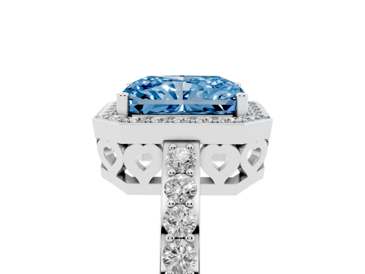 Fancy Blue Radiant Cut Halo Diamond Pavé Band Ring with Prong Setting Silver