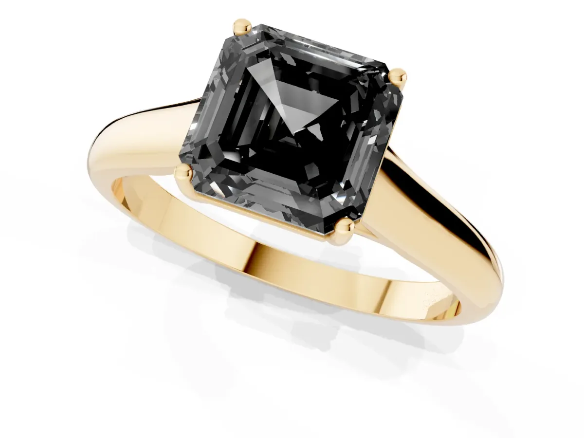 Fancy Black Asscher Cut Solitaire Engagement Ring with Tapered Band and Four-Prong Setting Yellow gold