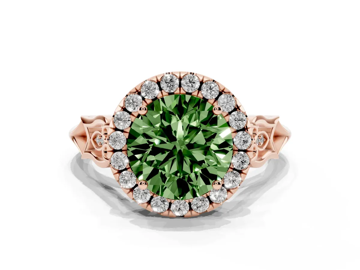 Fancy Green Round Cut Halo Diamond Engagement Ring with Filigree Band and Four-Prong Setting Rose gold