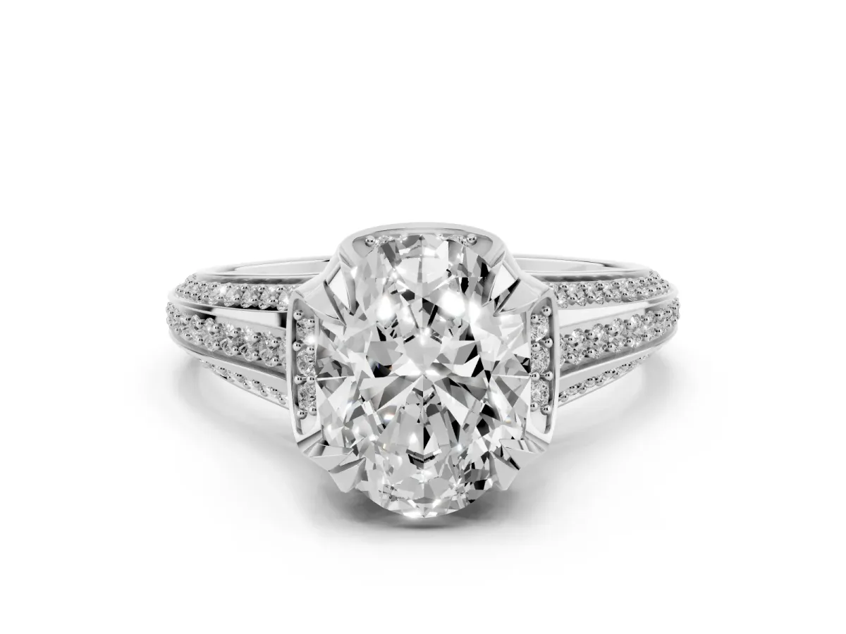 Oval Cut Solitaire Pave Split Shank Ring with Four-Prong Setting Platinum