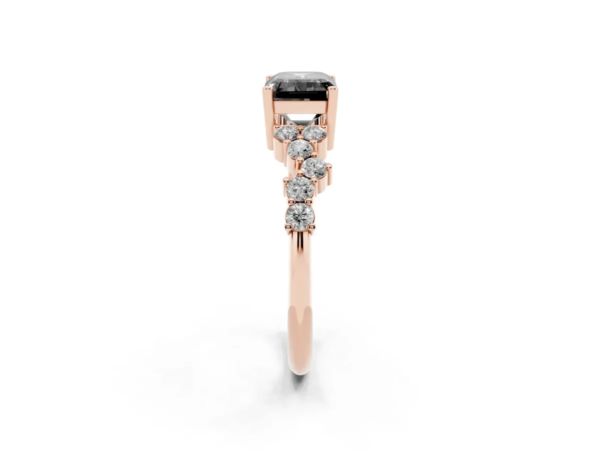 Fancy Black Emerald Cut Diamond Scattered Round Accent Ring with Prong Setting Rose gold