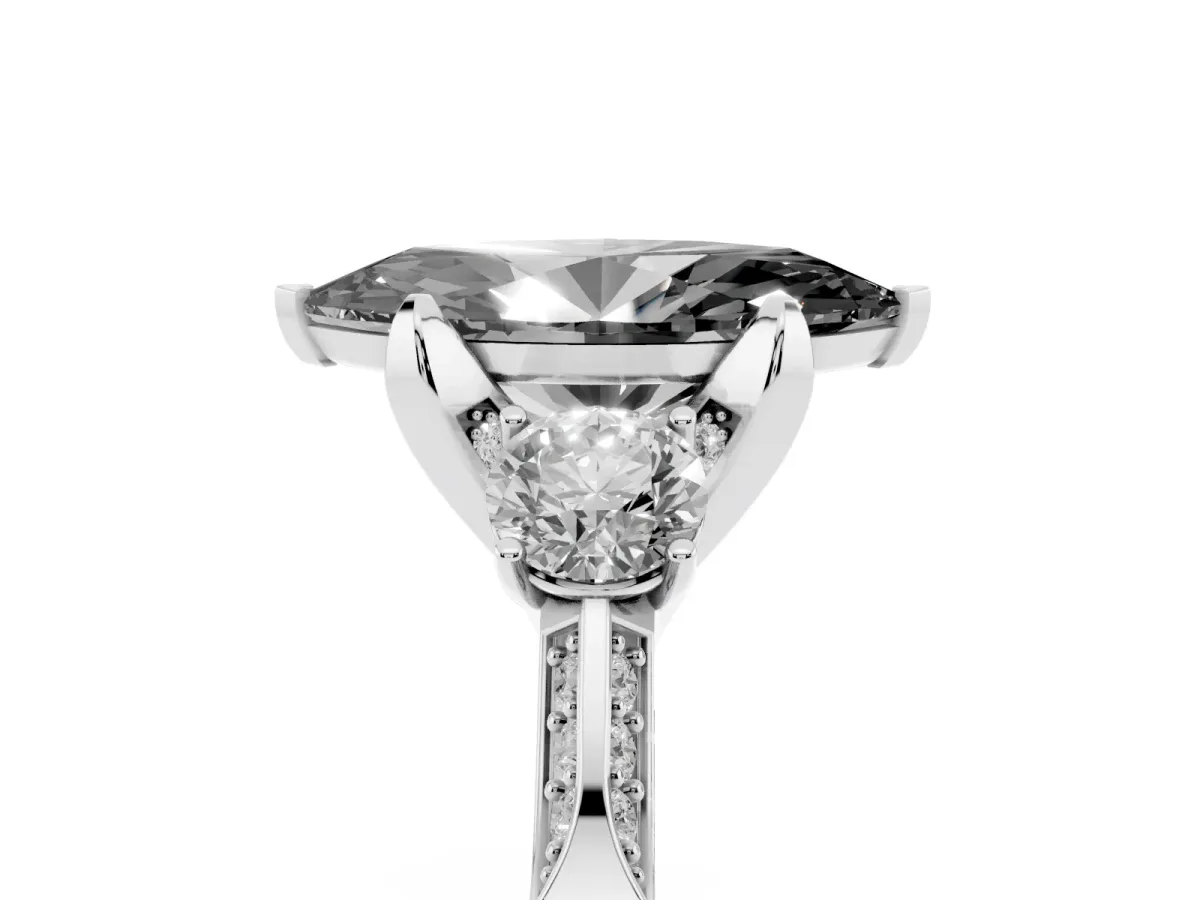 Fancy Black Marquise Cut Brilliant Three-Stone Diamond Ring with Pavé Band and Four-Prong Setting Platinum