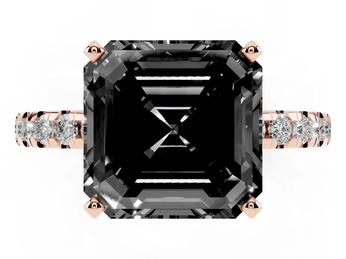 Fancy Black Asscher Cut Diamond Solitaire Ring with Round Pavé Band and Four-Prong Setting Rose gold