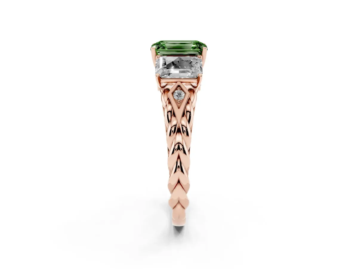 Fancy Green Three-Stone Radiant Cut Diamond Braided Band Ring with Four-Prong Setting Rose gold