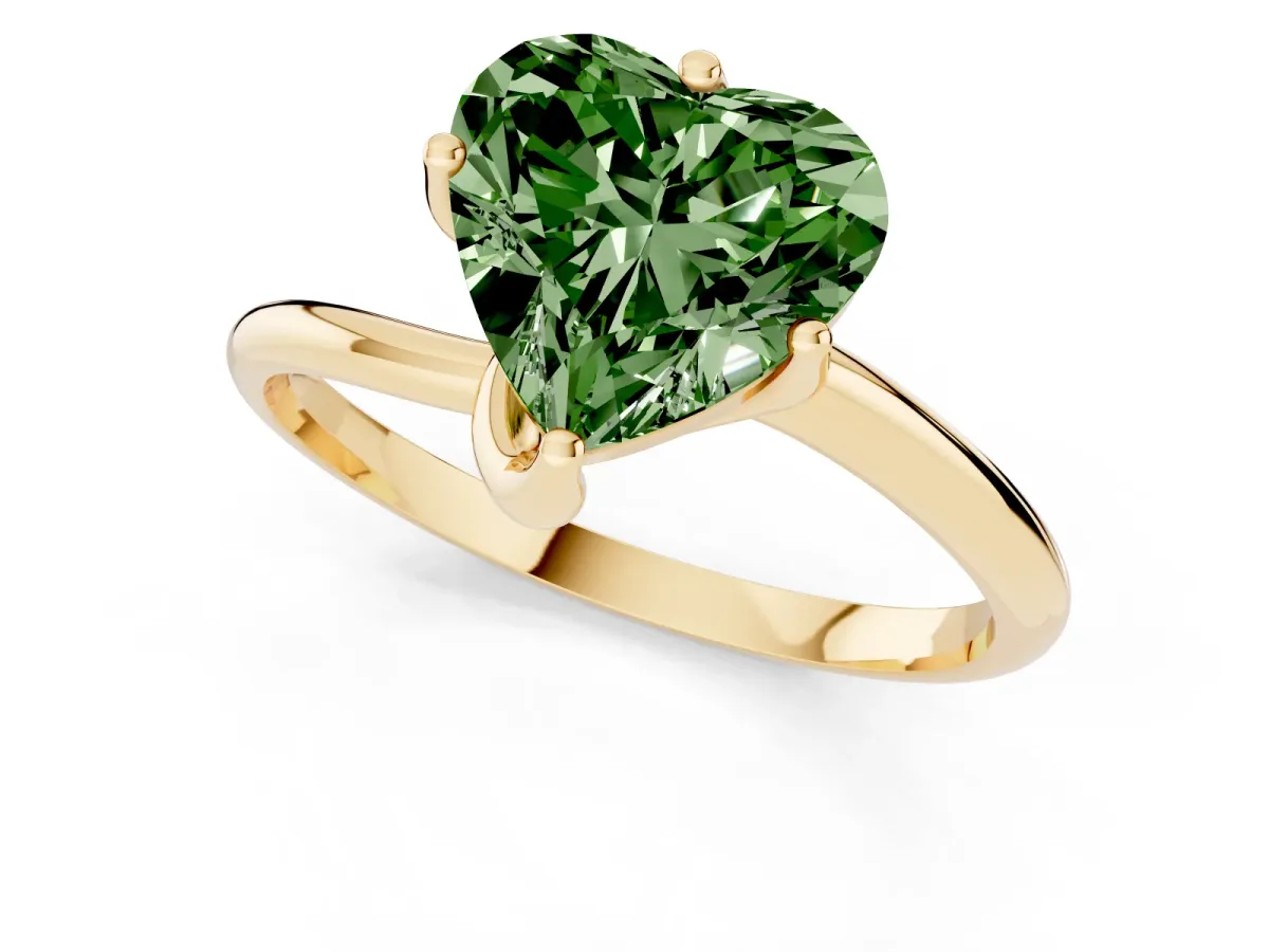 Fancy Green Heart Cut Diamond Solitaire Engagement Ring with Four-Prong Setting and Classic Band Yellow gold