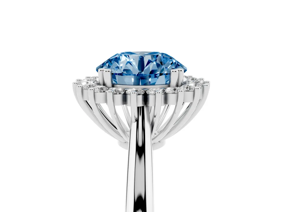Fancy Blue Round Cut Cut Diamond Halo Ring with Solitaire Band and Prong Setting Silver