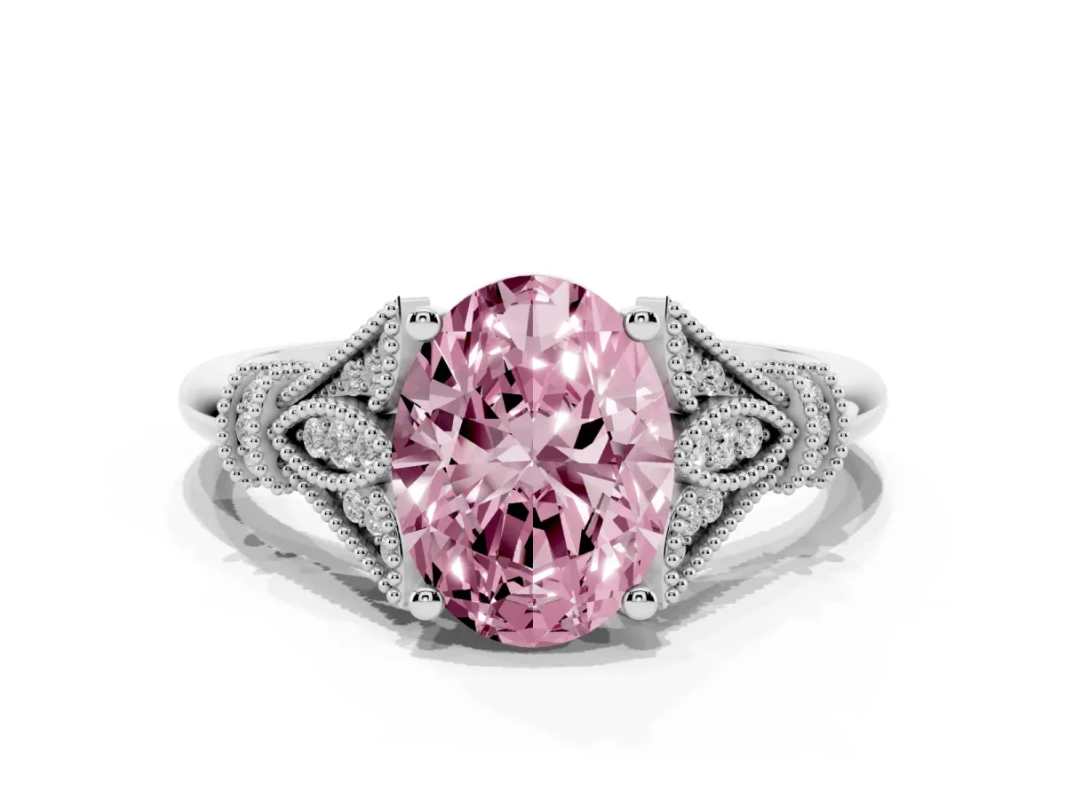 Fancy Pink Oval Cut Diamond Solitaire Ring with Floral Filigree and Pave Accents Platinum