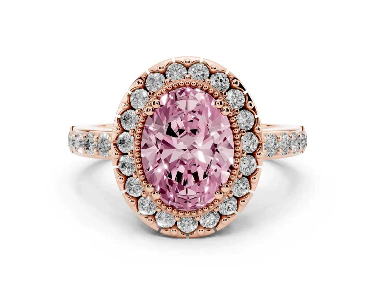 Fancy Pink Oval Cut Diamond Halo Ring with Pavé Band and Prong Setting Rose gold