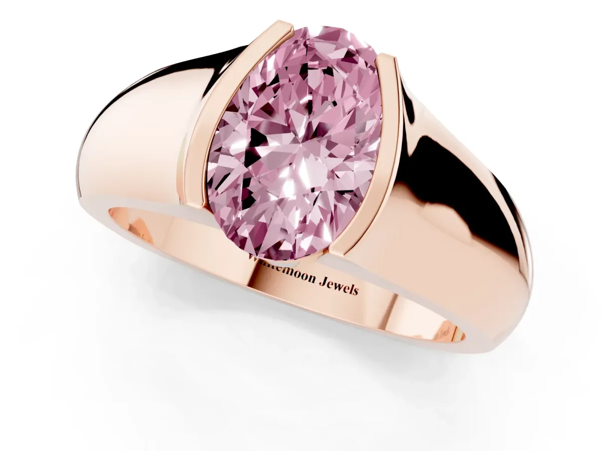 Fancy Pink Oval Cut Solitaire Bezel Set Diamond Ring with Wide Band Rose gold