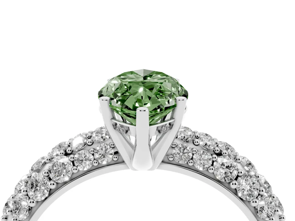 Fancy Green Marquise Cut Diamond Pavé Band Solitaire Ring with Four-Prong Setting Silver