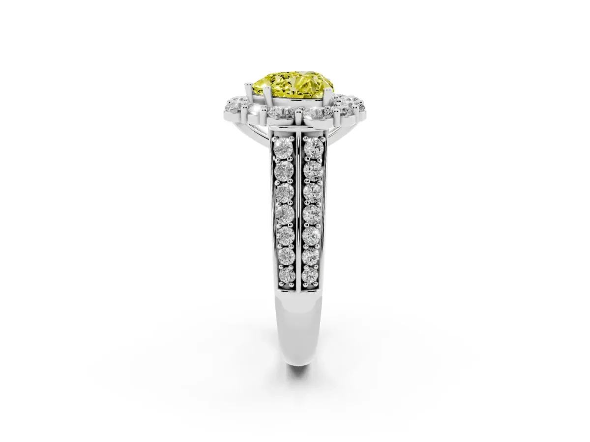 Fancy Yellow Heart Cut Halo Diamond Engagement Ring with Split Shank and Prong Setting Silver