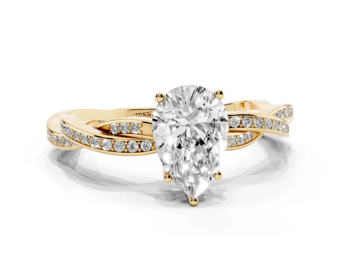 Pear Cut Solitaire Twisted Pave Diamond Ring with Four-Prong Setting Yellow gold