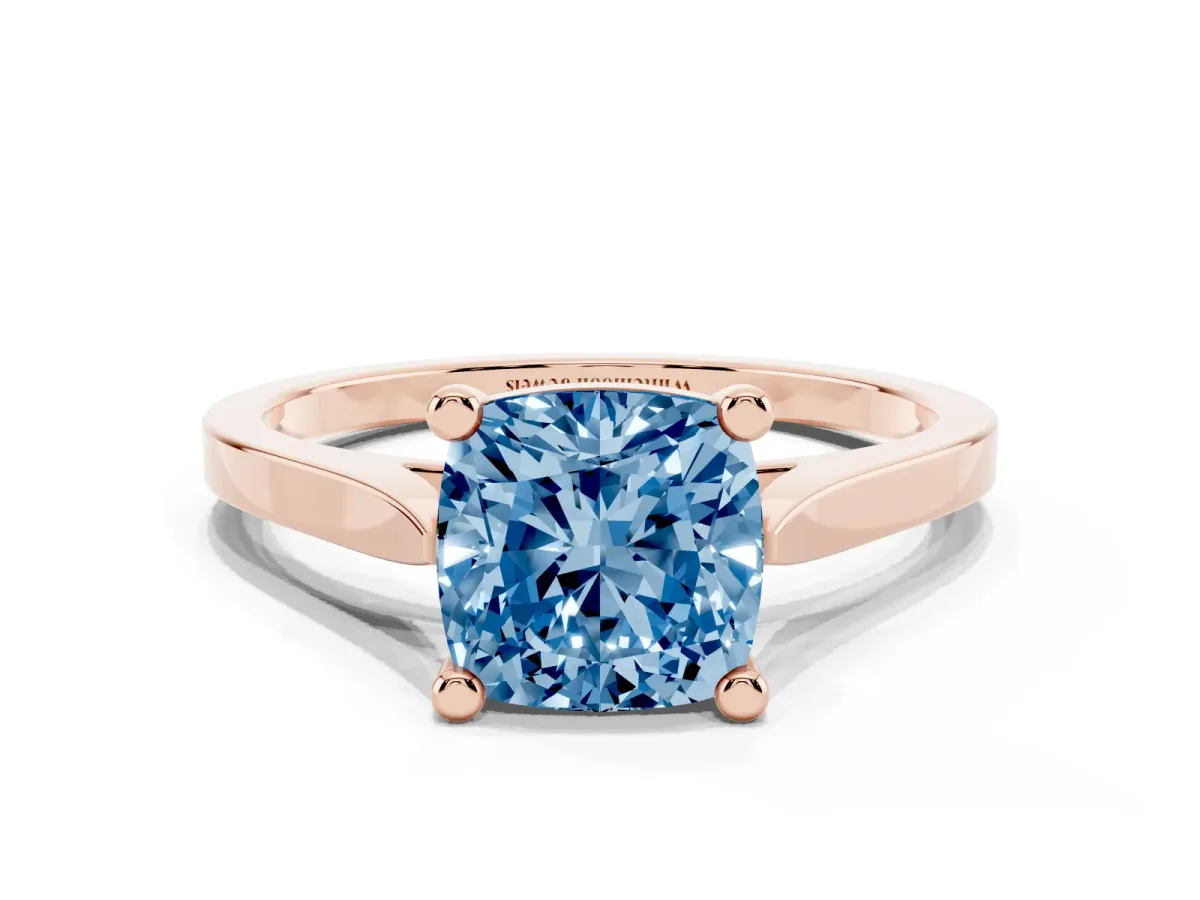 Fancy Blue Cushion Cut Solitaire Diamond Ring with Four-Prong Setting and Tapered Band Rose gold