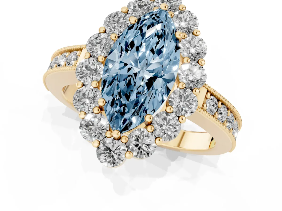 Fancy Blue Marquise Cut Cut Halo Diamond Pavé Engagement Ring with Milgrain Detailing Yellow gold
