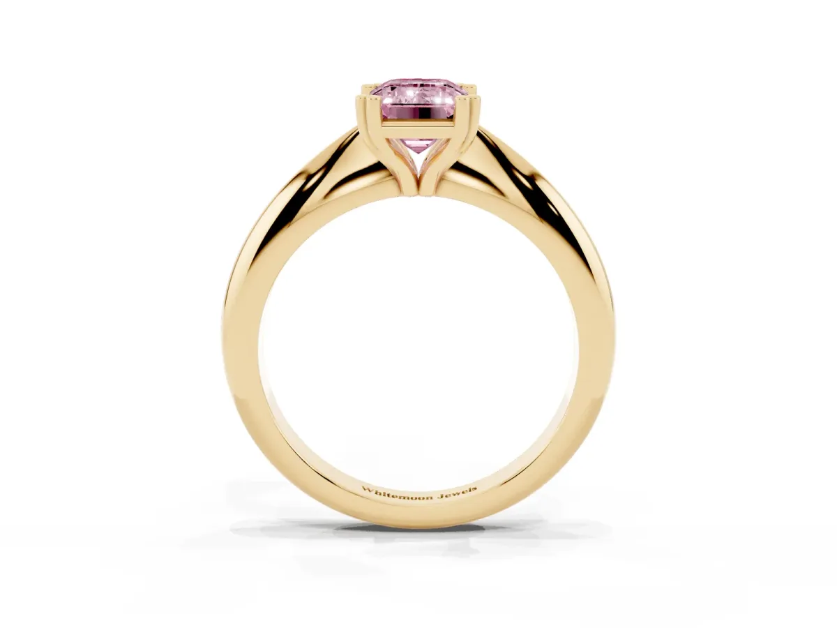 Fancy Pink Emerald Cut Cut Solitaire Engagement Ring with Tapered Band and Four-Prong Setting Yellow gold