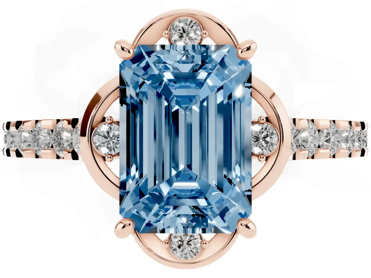 Fancy Blue Emerald Cut Diamond Ring with Pavé Band and Floral Prong Setting Rose gold