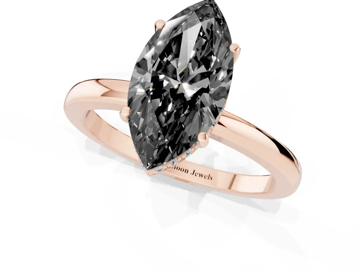 Fancy Black Marquise Cut Solitaire Diamond Ring with Prong Setting and Plain Band Rose gold