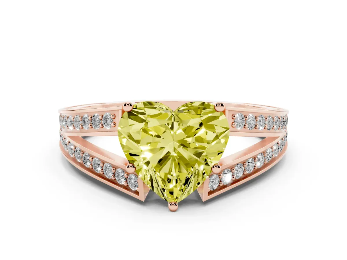 Fancy Yellow Heart Cut Diamond Split Shank Ring with Pavé Band and Four-Prong Setting Rose gold