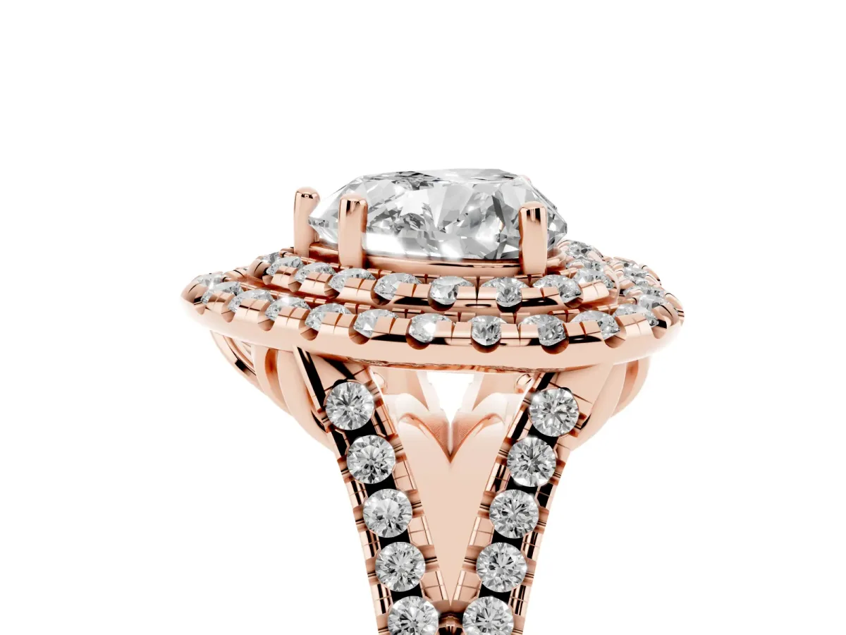 Double Halo Heart Cut Diamond Pavé Split Shank Ring with Prong Setting Rose gold