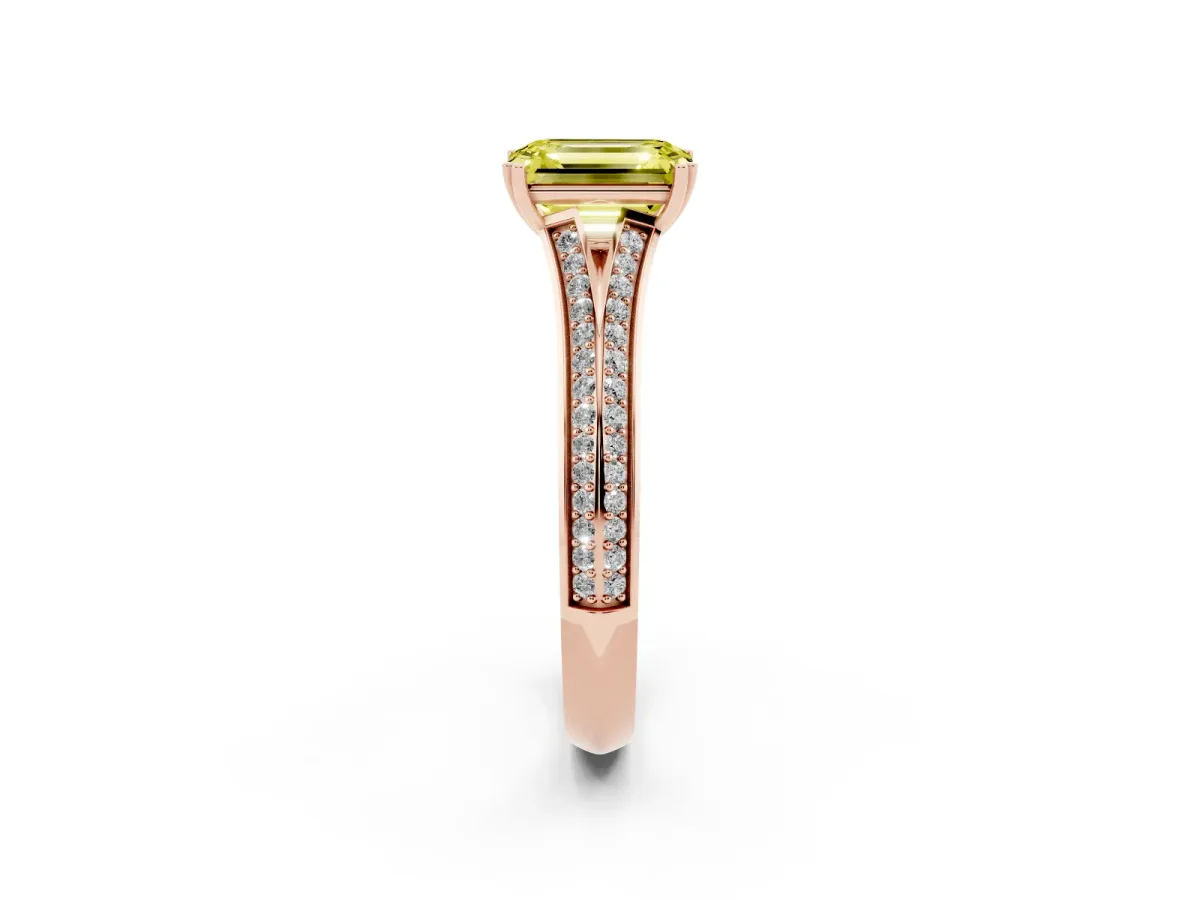 Fancy Yellow Emerald Cut Diamond Split Shank Engagement Ring with Pavé Band Rose gold
