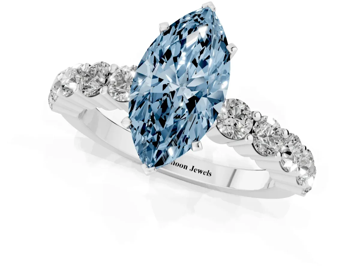 Fancy Blue Marquise Cut Diamond Solitaire Ring with Shared Prong Round Side Stones Platinum