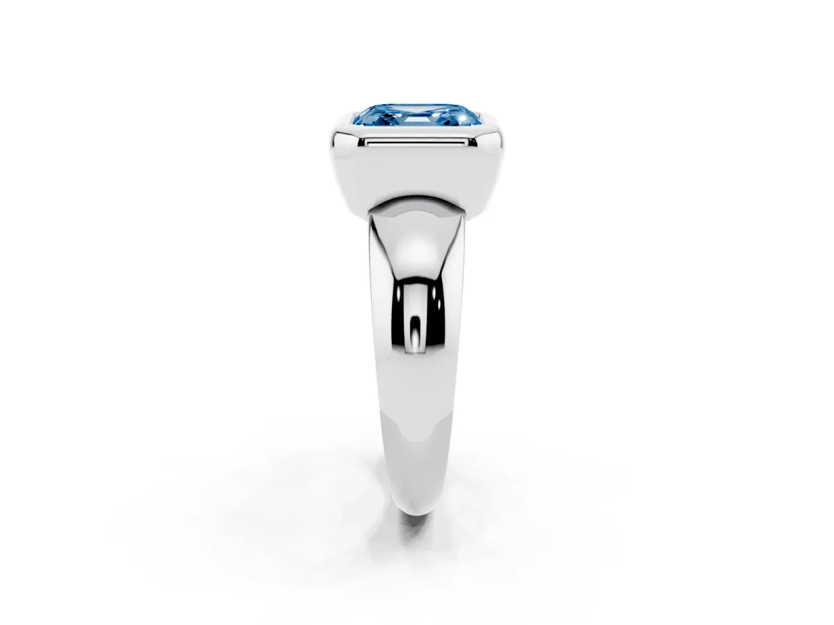 Fancy Blue Bezel Set Asscher Cut Solitaire Ring with Wide Band Silver