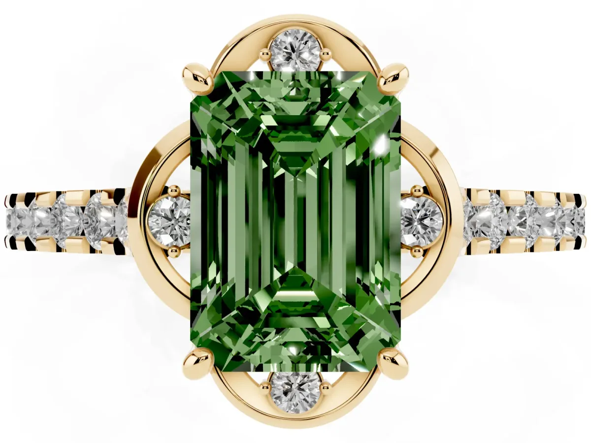 Fancy Green Emerald Cut Diamond Ring with Pavé Band and Floral Prong Setting Yellow gold