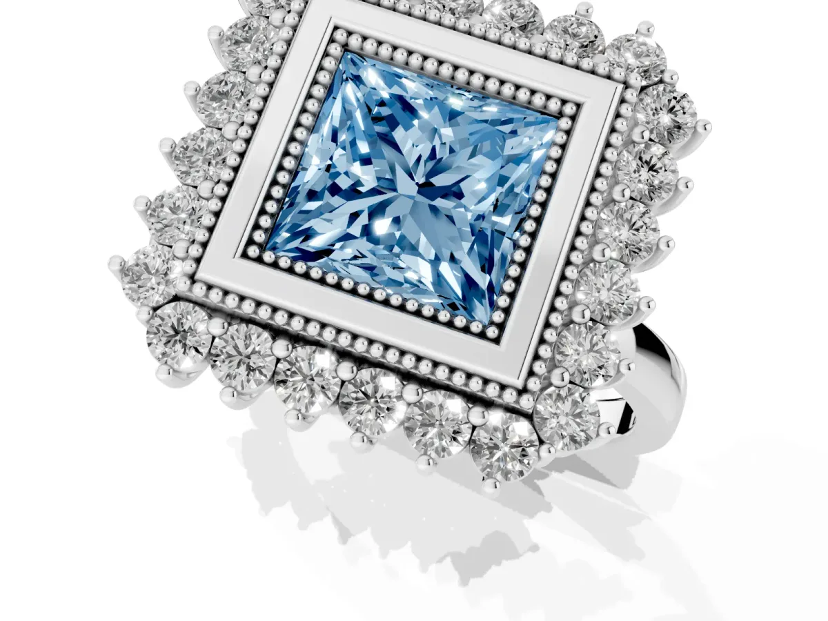 Fancy Blue Princess Cut Halo Diamond Ring with Milgrain Edge and Round Prong Setting Silver