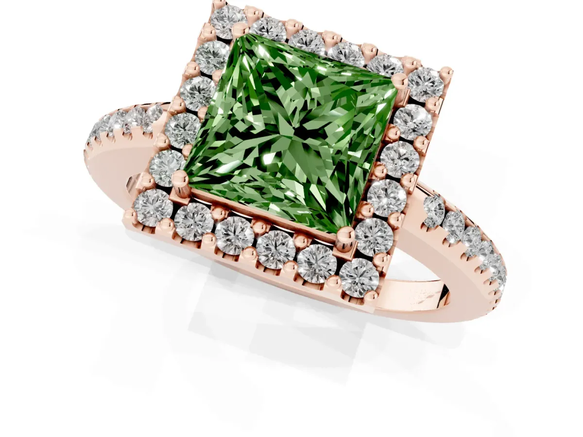 Fancy Green Princess Cut Diamond Pavé Halo Ring with Four-Prong Setting Rose gold