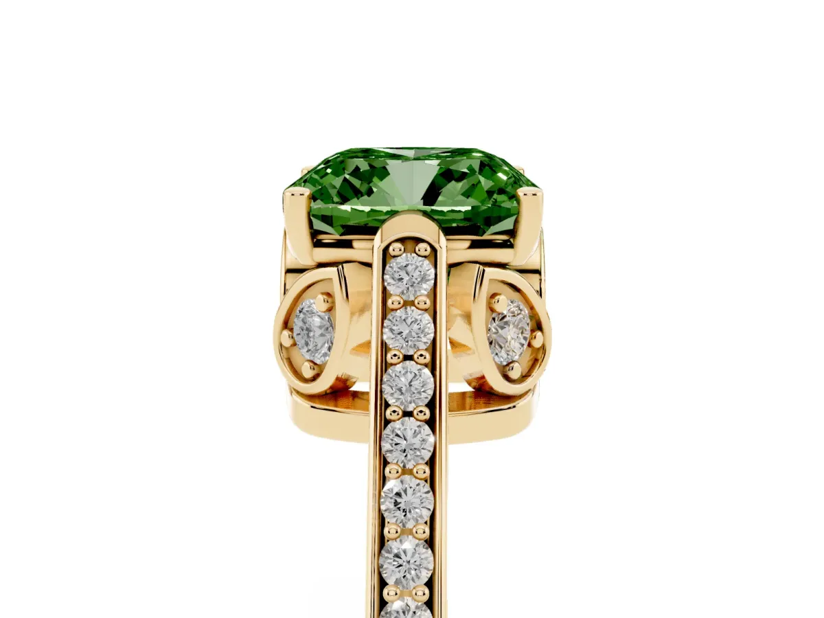 Fancy Green Cushion Cut Cut Cathedral Pave Diamond Engagement Ring with Six-Prong Setting Yellow gold
