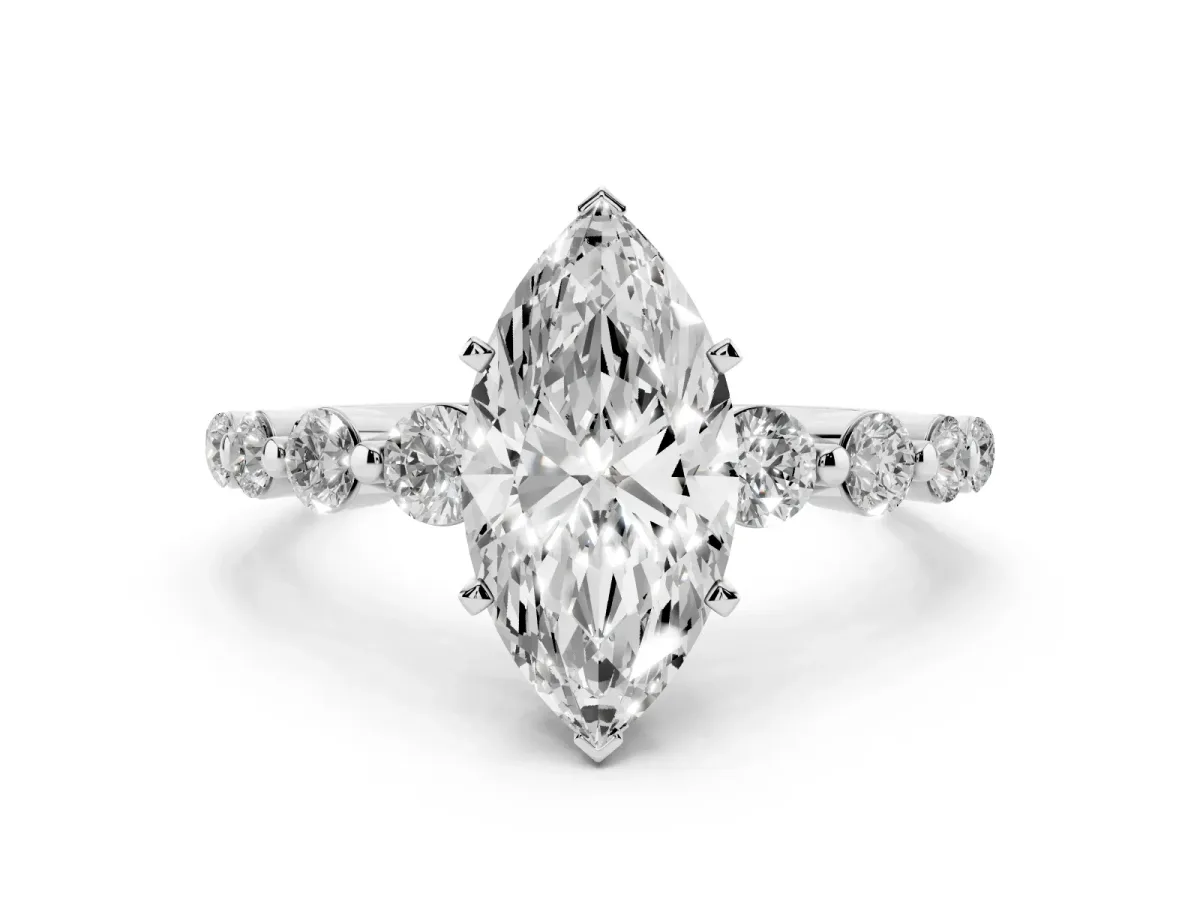 Marquise Cut Solitaire Diamond Ring with Pave Band and Four-Prong Setting Silver