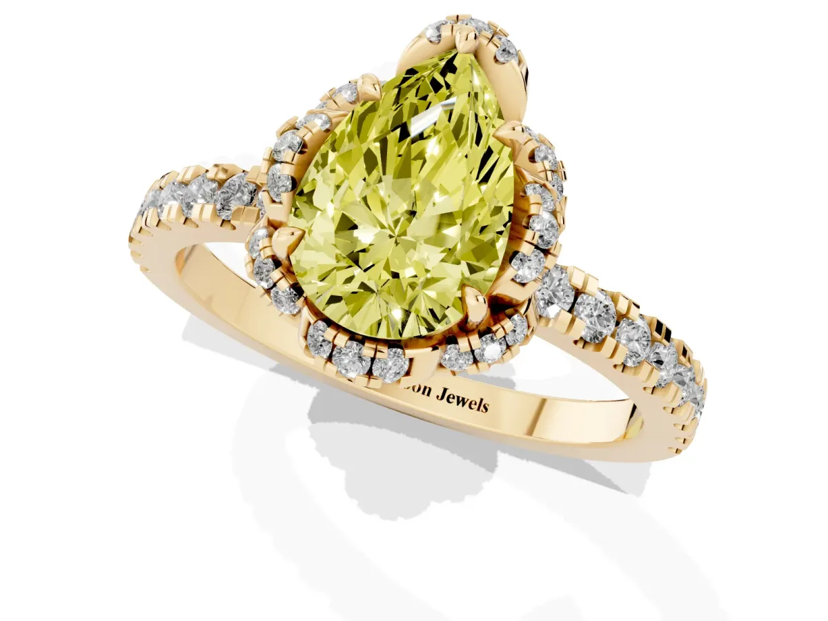 Fancy Yellow Pear Cut Halo Diamond Pave Band Ring with Four-Prong Setting Yellow gold