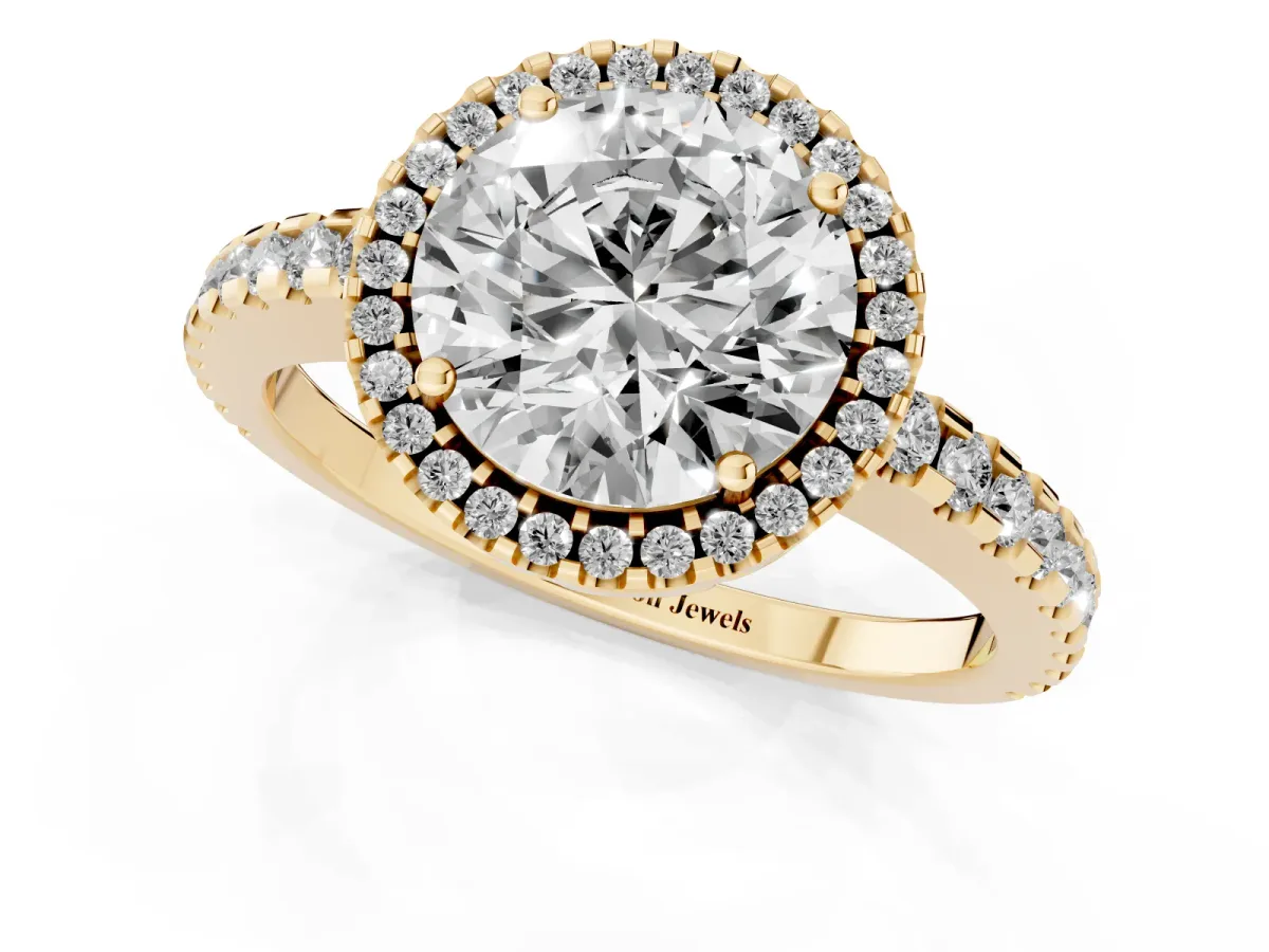 Round Cut Diamond Halo Engagement Ring with Pavé Band and Prong Setting Yellow gold
