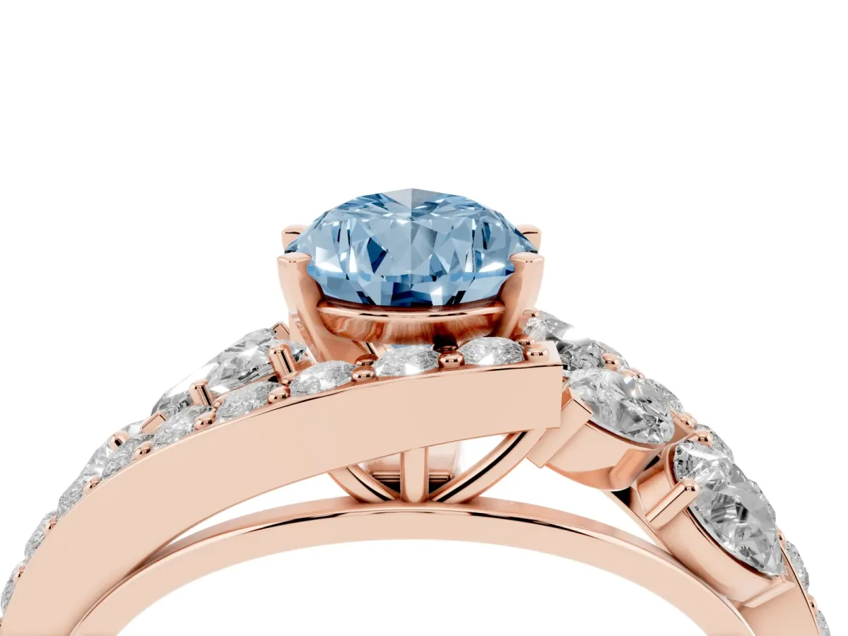 Fancy Blue Pear Cut Diamond Halo Ring with Marquise and Pavé Band in Prong Setting Rose gold