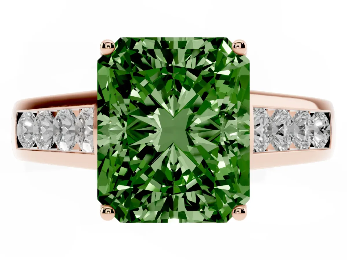 Fancy Green Radiant Cut Brilliant Channel-Set Solitaire Ring with Four-Prong Setting Rose gold