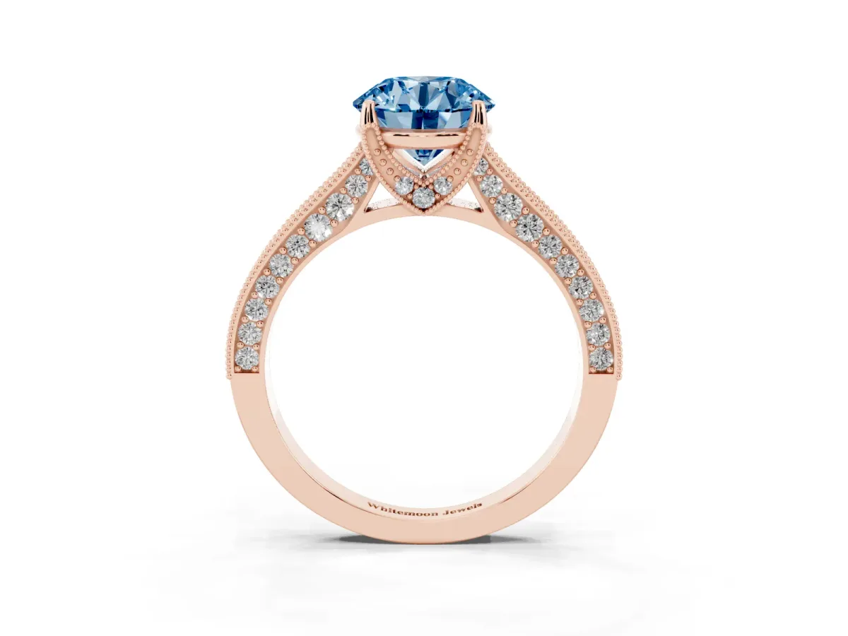 Fancy Blue Round Cut Cut Diamond Solitaire Ring with Milgrain Pave Band and Four Prong Setting Rose gold