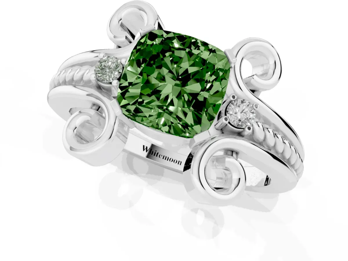Fancy Green Cushion Cut Solitaire Twisted Band Scroll Prong Ring Silver